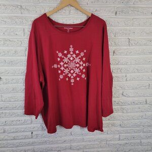 Woman Within T-Shirt 4X Plus Size Red Snowflake Long Sleeve Christmas RED38E